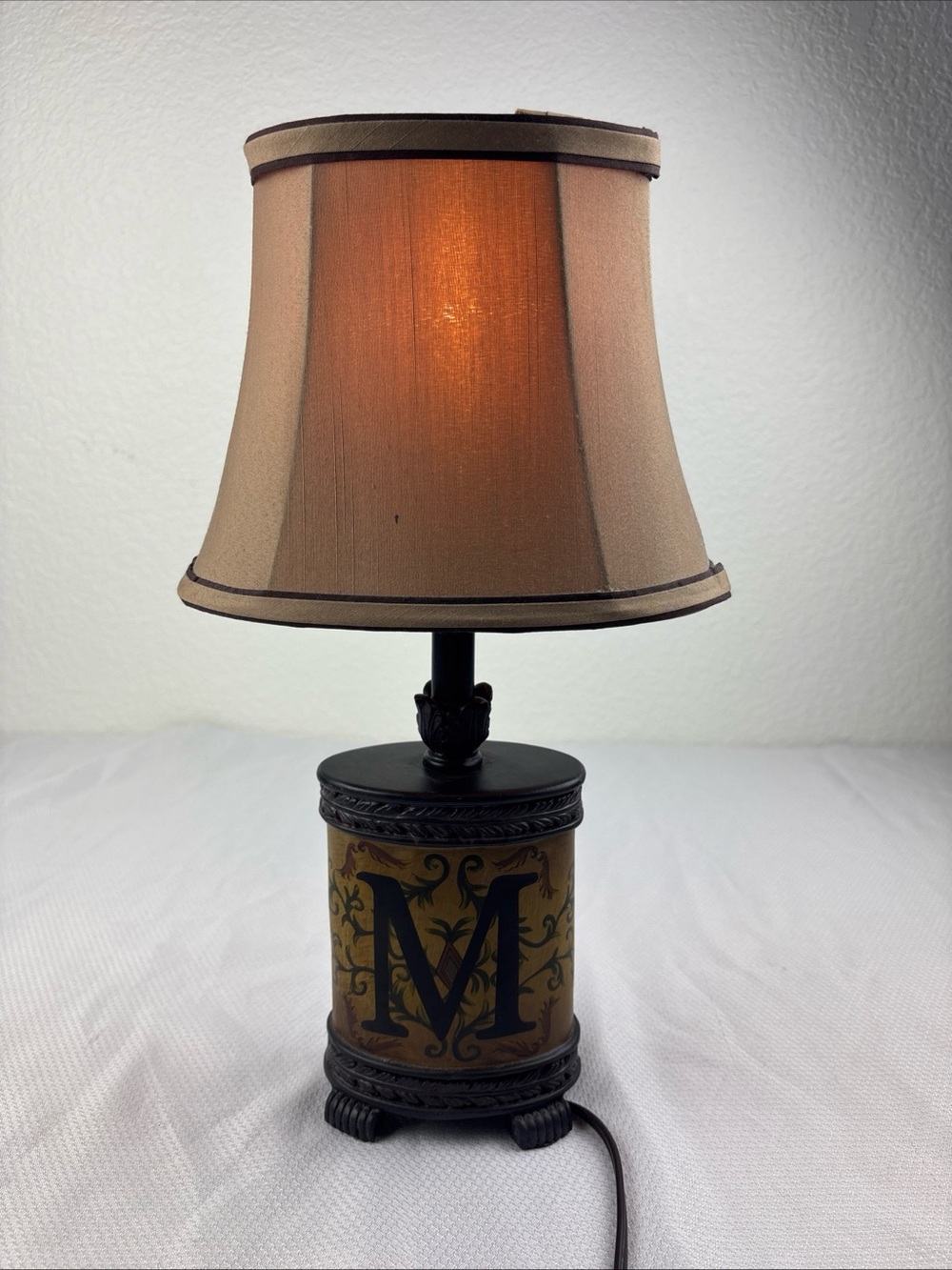 Vtg Chinoiserie Style Lamp Canister Base “M” Letter Gold Green Foliate Motifs